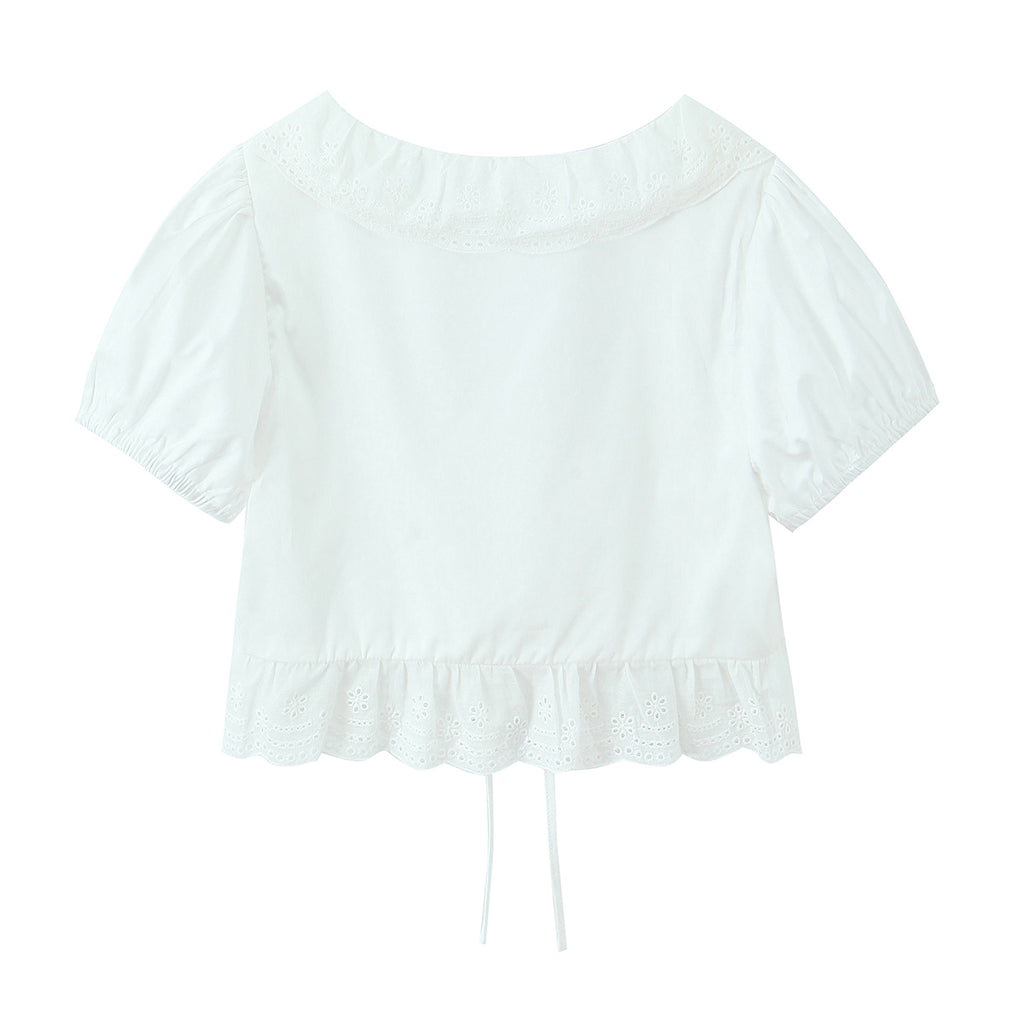 Summer French round Neck Lace Stitching Wavy Edge Sexy Lacing Short Model in White Color Puff Sleeve Shirt