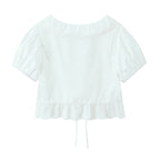 Summer French round Neck Lace Stitching Wavy Edge Sexy Lacing Short Model in White Color Puff Sleeve Shirt