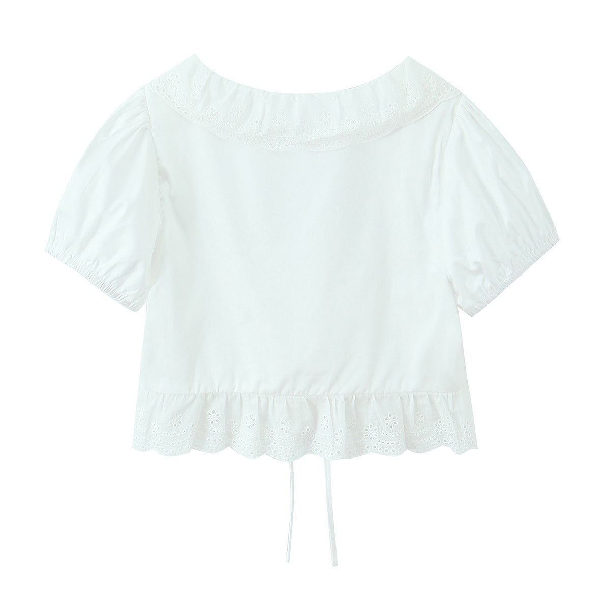 Summer French round Neck Lace Stitching Wavy Edge Sexy Lacing Short Model in White Color Puff Sleeve Shirt