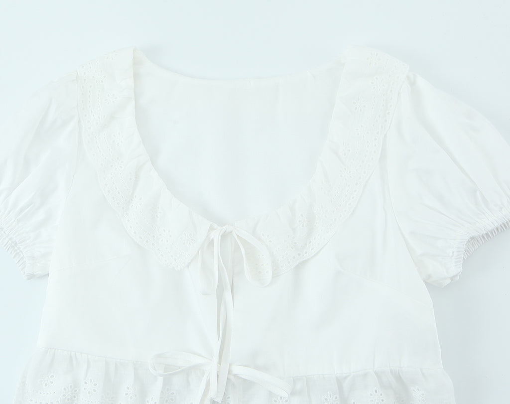 Summer French round Neck Lace Stitching Wavy Edge Sexy Lacing Short Model in White Color Puff Sleeve Shirt