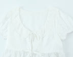 Summer French round Neck Lace Stitching Wavy Edge Sexy Lacing Short Model in White Color Puff Sleeve Shirt