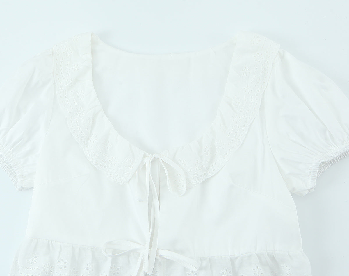Summer French round Neck Lace Stitching Wavy Edge Sexy Lacing Short Model in White Color Puff Sleeve Shirt