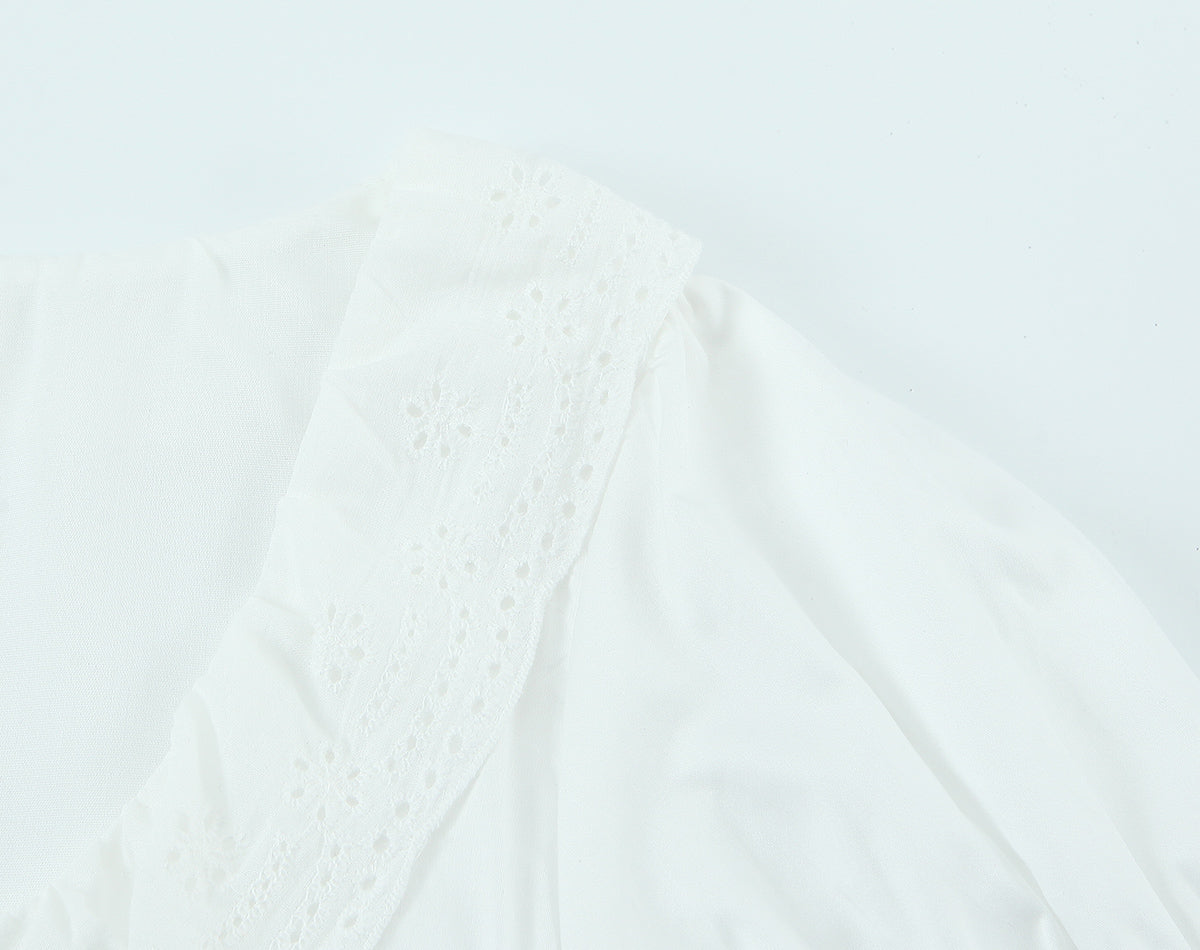 Summer French round Neck Lace Stitching Wavy Edge Sexy Lacing Short Model in White Color Puff Sleeve Shirt