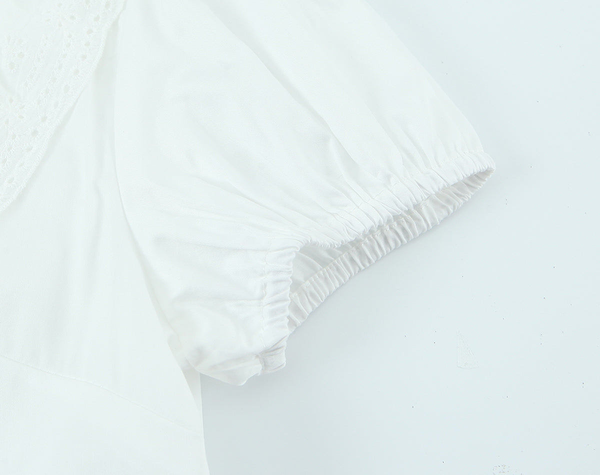Summer French round Neck Lace Stitching Wavy Edge Sexy Lacing Short Model in White Color Puff Sleeve Shirt