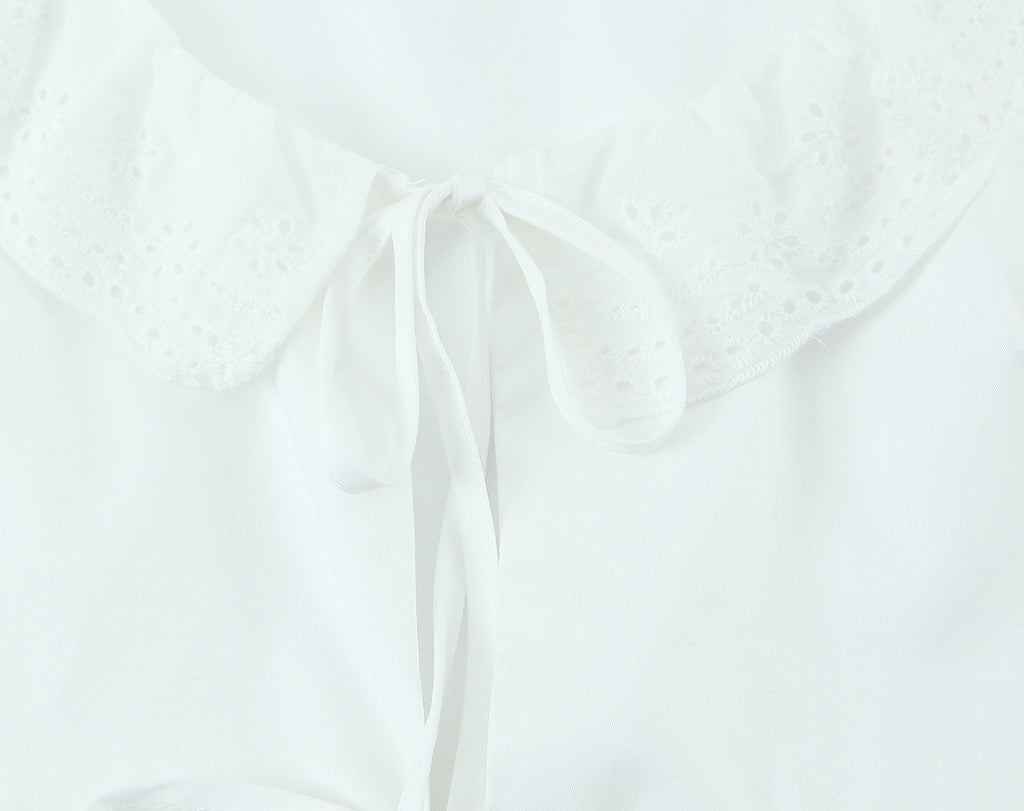 Summer French round Neck Lace Stitching Wavy Edge Sexy Lacing Short Model in White Color Puff Sleeve Shirt