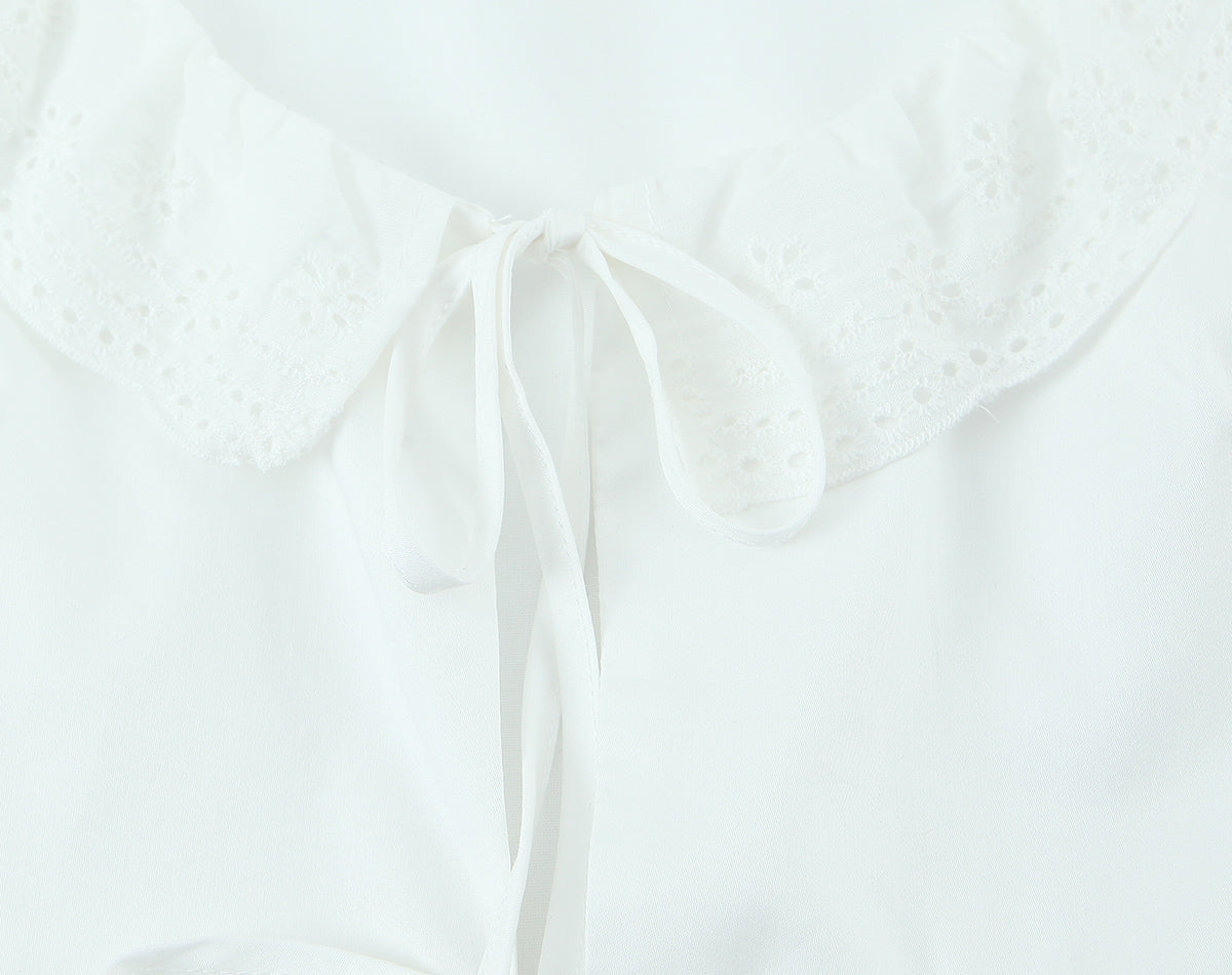 Summer French round Neck Lace Stitching Wavy Edge Sexy Lacing Short Model in White Color Puff Sleeve Shirt