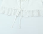 Summer French round Neck Lace Stitching Wavy Edge Sexy Lacing Short Model in White Color Puff Sleeve Shirt