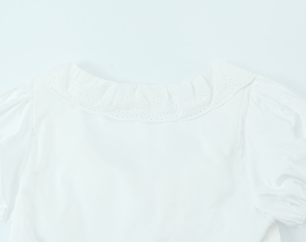 Summer French round Neck Lace Stitching Wavy Edge Sexy Lacing Short Model in White Color Puff Sleeve Shirt