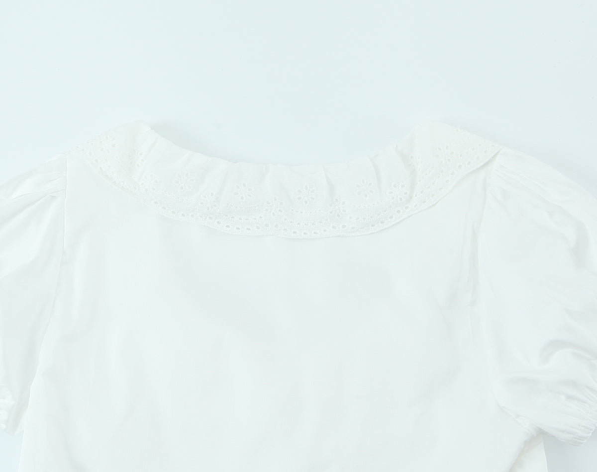 Summer French round Neck Lace Stitching Wavy Edge Sexy Lacing Short Model in White Color Puff Sleeve Shirt