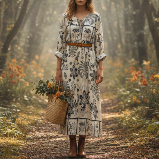 Women's Spring Women Clothing Positioning Printing Tassel Bohemian Loose Dress