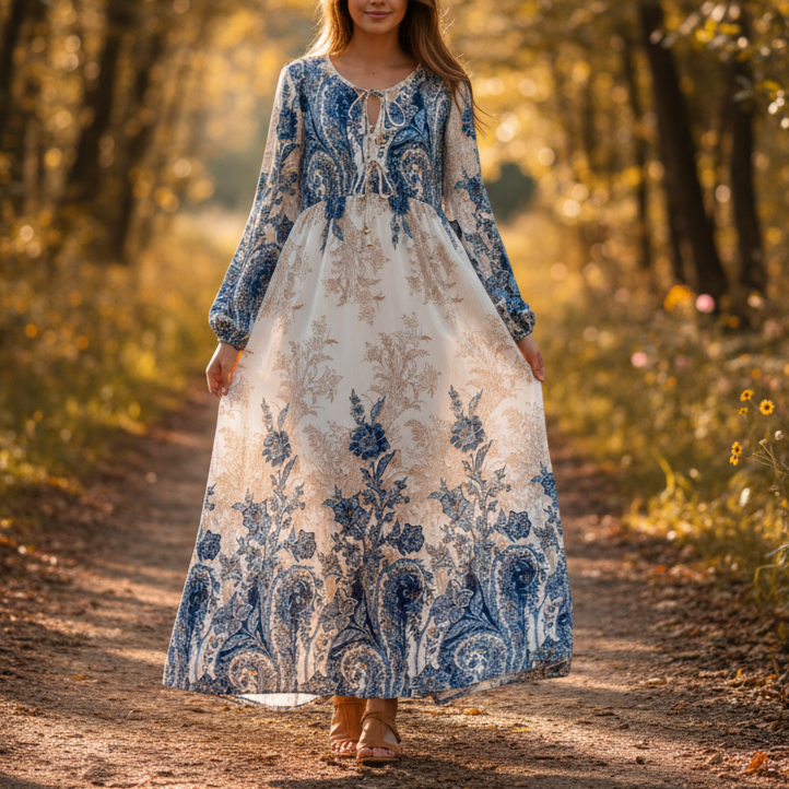 Printed Tie-Neck Beach Maxi Dress