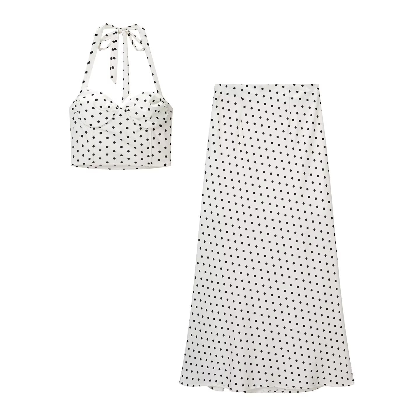 Women Spring Clothing Casual Suit Polka Dot Strap Mid Length Skirt Set
