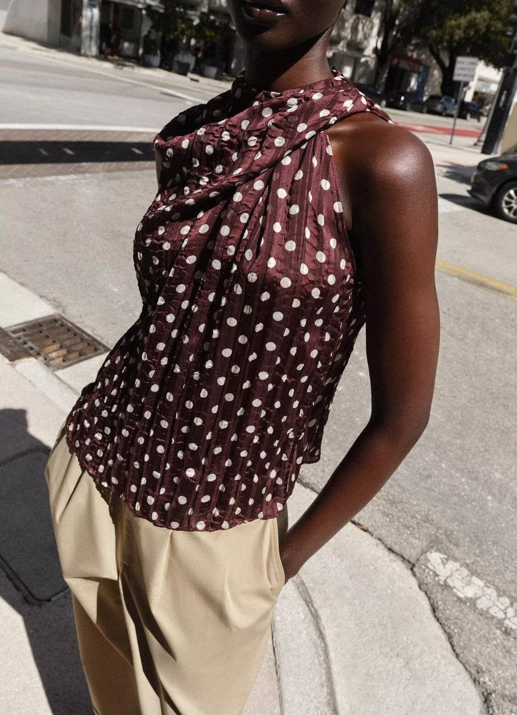Women's Spring Summer Women Clothing Simple Fashionable Polka Dot Pleated Sleeveless Shirt