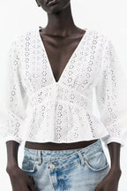 Women's Clothing Summer Holiday Series Embroidery V Neck Lantern Sleeve Solid Color Shirt