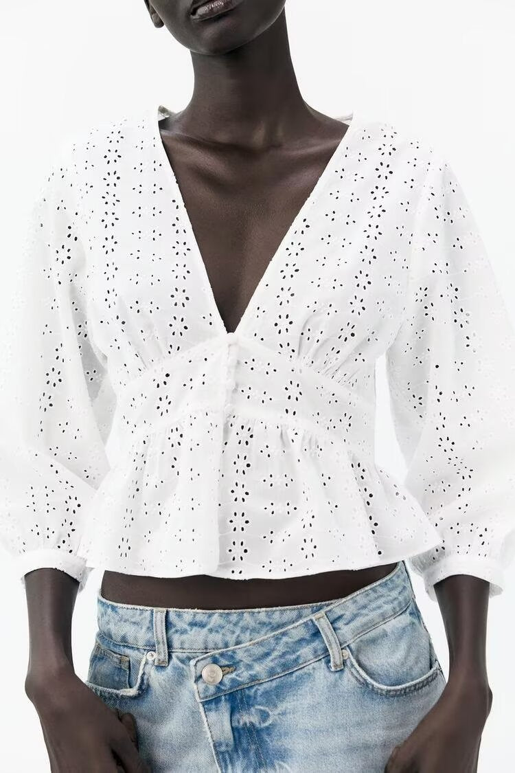Women's Clothing Summer Holiday Series Embroidery V Neck Lantern Sleeve Solid Color Shirt