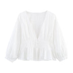 Women's Clothing Summer Holiday Series Embroidery V Neck Lantern Sleeve Solid Color Shirt