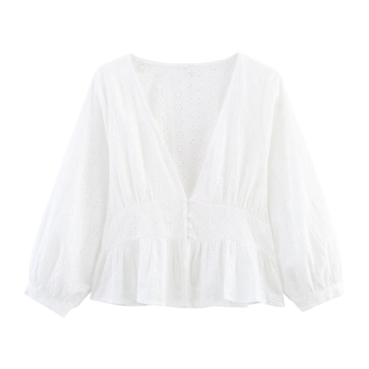 Women's Clothing Summer Holiday Series Embroidery V Neck Lantern Sleeve Solid Color Shirt