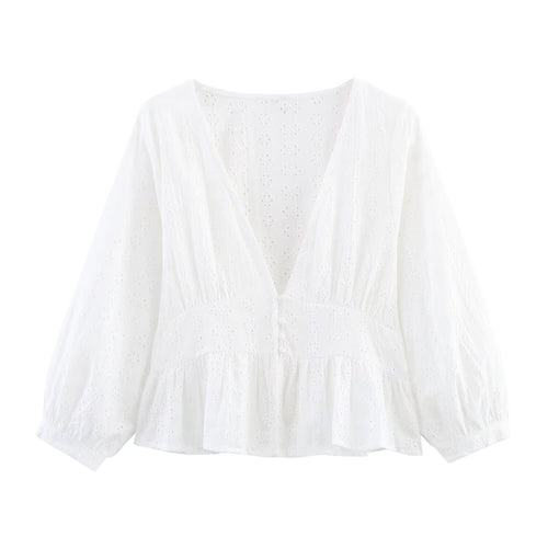 Women Clothing Summer Holiday Series Embroidery V neck Lantern Sleeve Solid Color Shirt