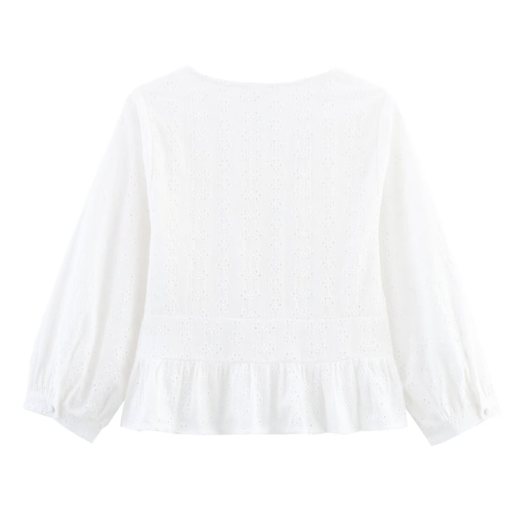 Women's Clothing Summer Holiday Series Embroidery V Neck Lantern Sleeve Solid Color Shirt