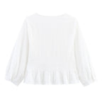 Women's Clothing Summer Holiday Series Embroidery V Neck Lantern Sleeve Solid Color Shirt