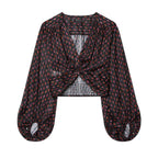 Women's Spring Women Casual Loose All Matching Short V Neck Bow Tie Printed Top