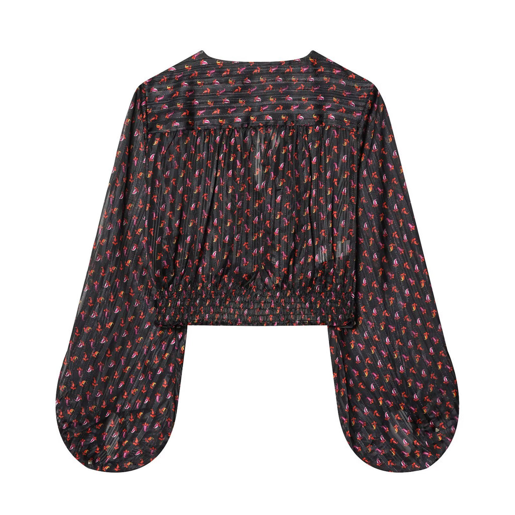 Women's Spring Women Casual Loose All Matching Short V Neck Bow Tie Printed Top
