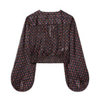 Women's Spring Women Casual Loose All Matching Short V Neck Bow Tie Printed Top
