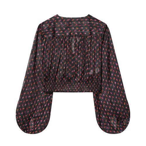Spring Women Casual Loose All Matching Short V neck Bow Tie Printed Top