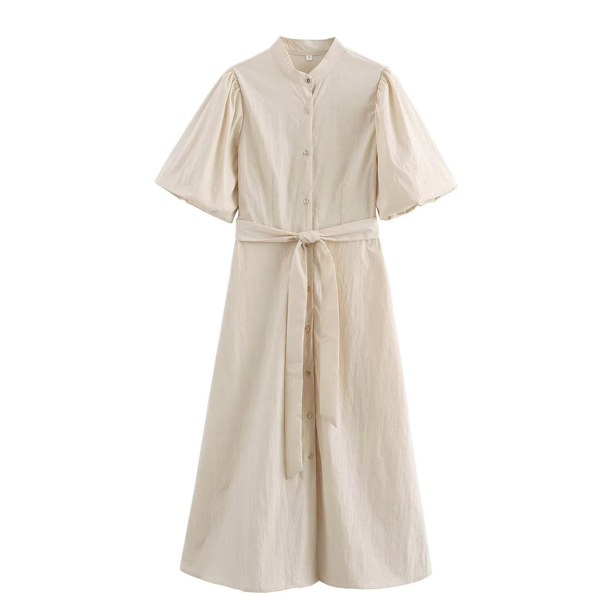 Women's Belted Collared Puff-Sleeve Maxi Dress