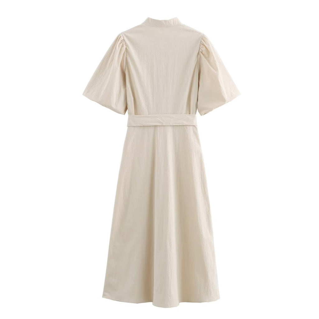 Women's Belted Collared Puff-Sleeve Maxi Dress