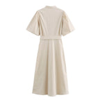 Women's Belted Collared Puff-Sleeve Maxi Dress