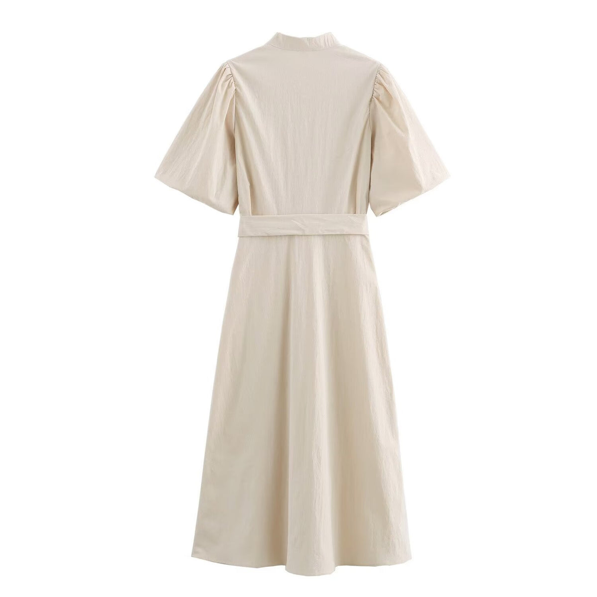 Women's Belted Collared Puff-Sleeve Maxi Dress
