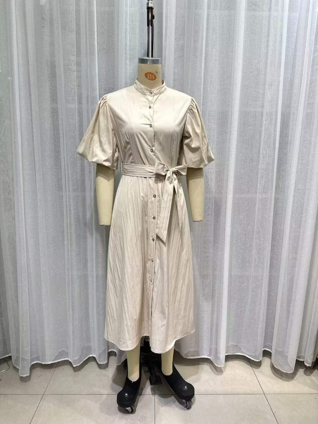 Women's Belted Collared Puff-Sleeve Maxi Dress