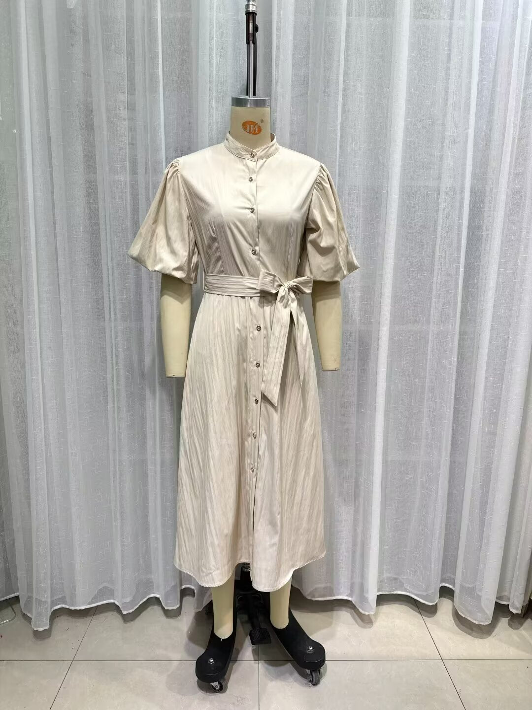 Women's Belted Collared Puff-Sleeve Maxi Dress