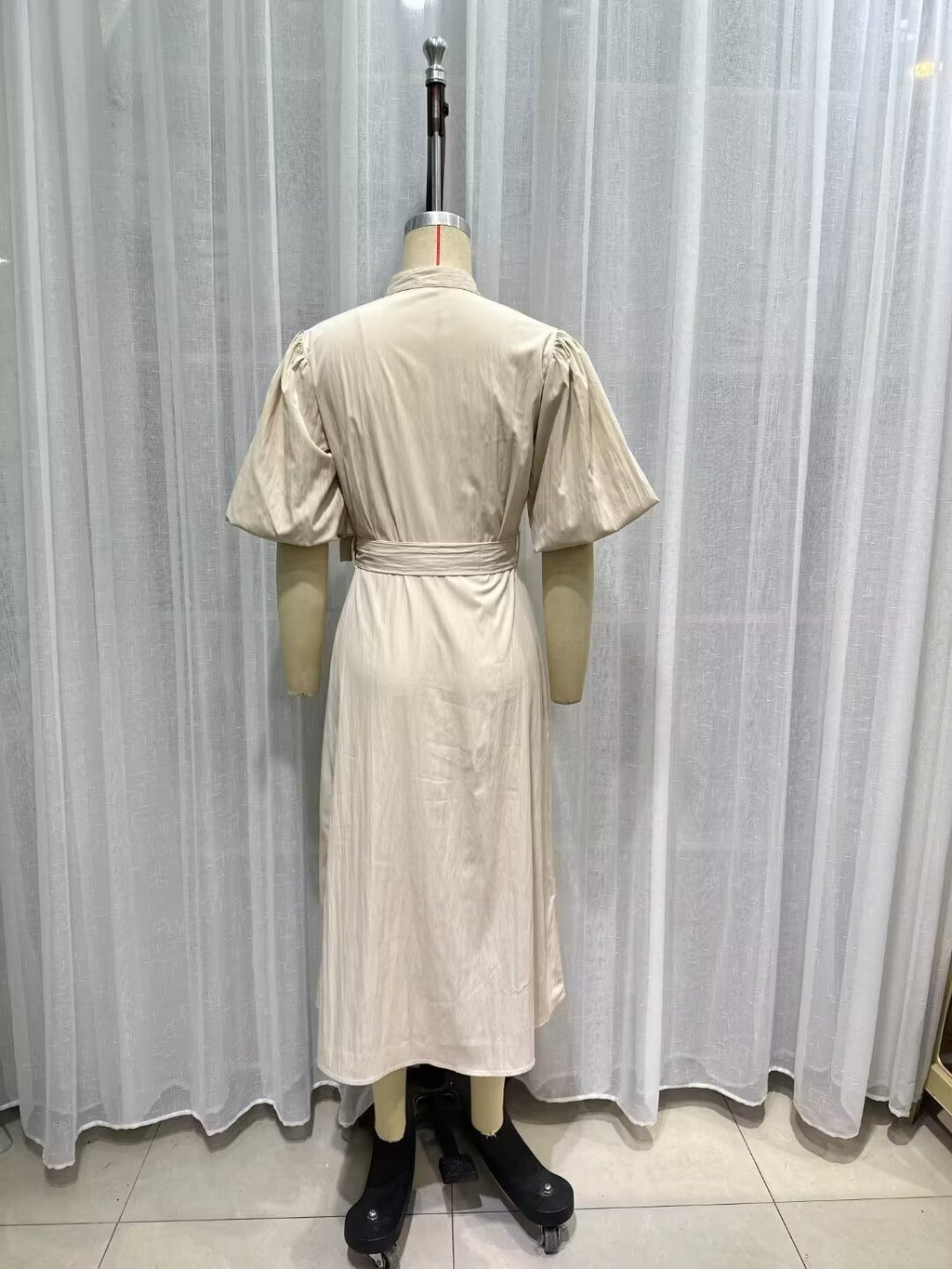 Women's Belted Collared Puff-Sleeve Maxi Dress