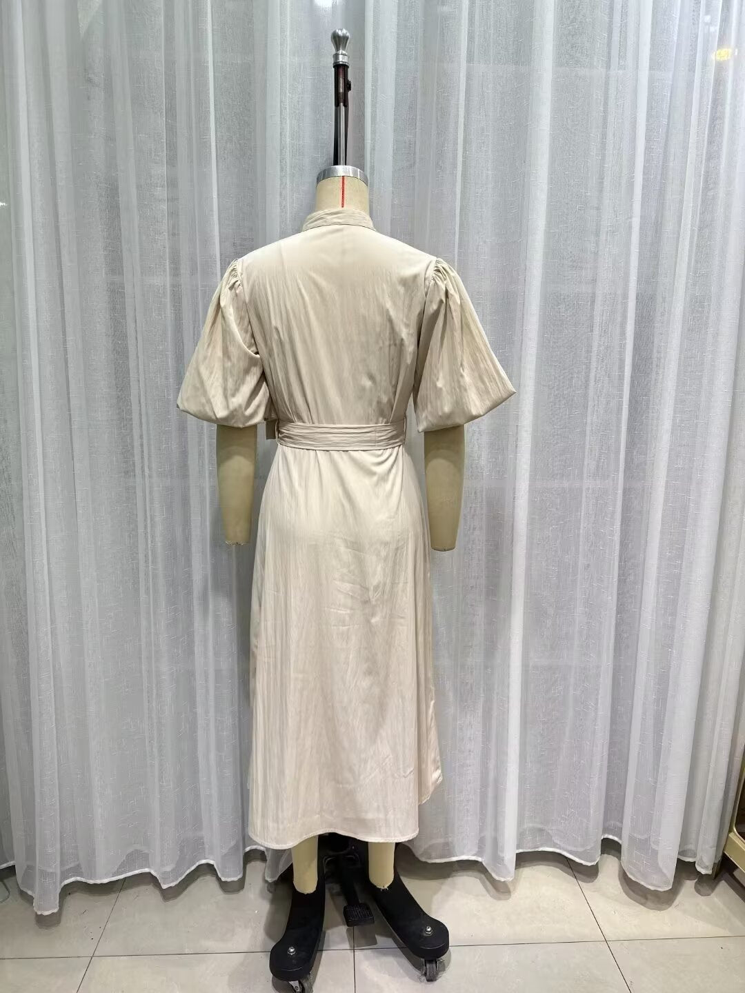 Women's Belted Collared Puff-Sleeve Maxi Dress