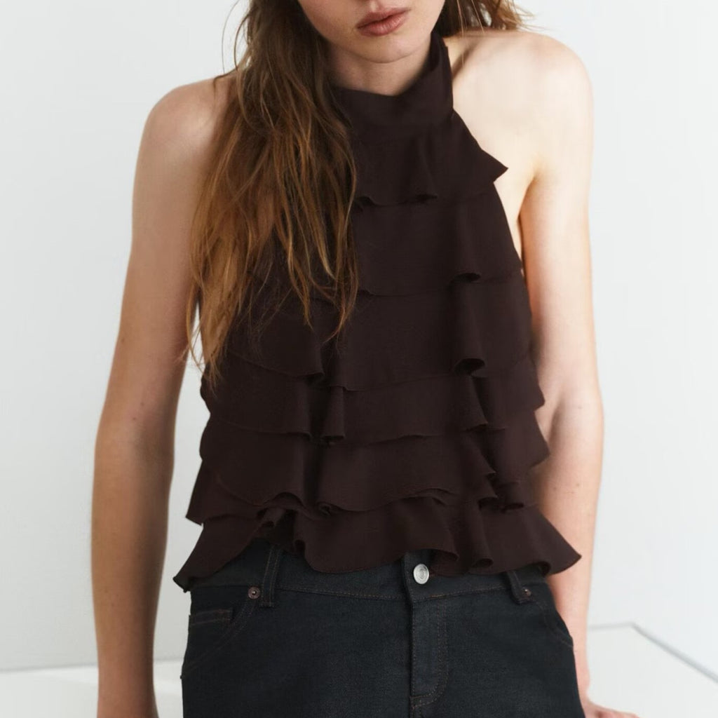 's Hanging Collar Top Short Slim Solid Color Vest
