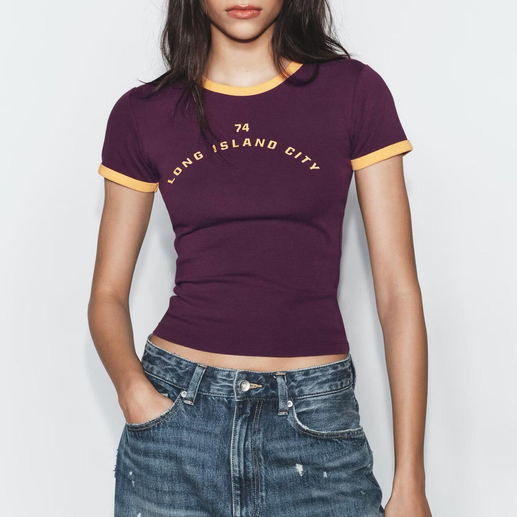 Women's Women Clothing Fashionable Short Sleeve Round Neck Contrast Color Stitching Printed T Shirt