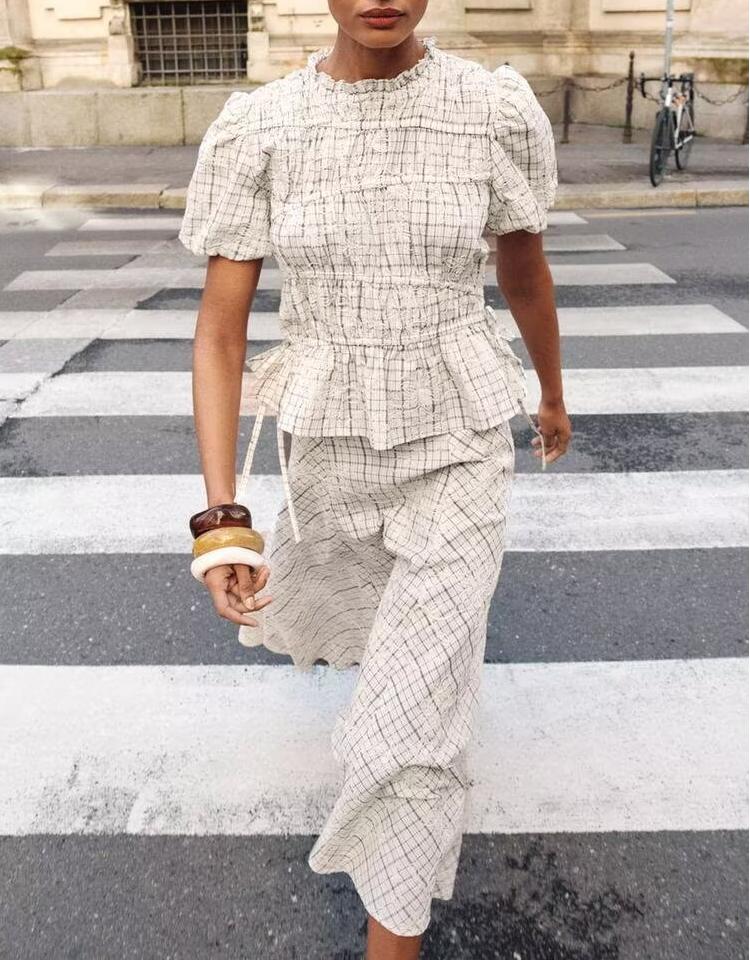 Women Clothing Short Sleeve Plaid Embroidered Trim Bow Top High Waist A line Skirt Set
