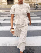 Women Clothing Short Sleeve Plaid Embroidered Trim Bow Top High Waist A line Skirt Set