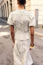 Women Clothing Short Sleeve Plaid Embroidered Trim Bow Top High Waist A line Skirt Set