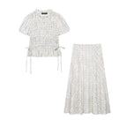 Women Clothing Short Sleeve Plaid Embroidered Trim Bow Top High Waist A line Skirt Set
