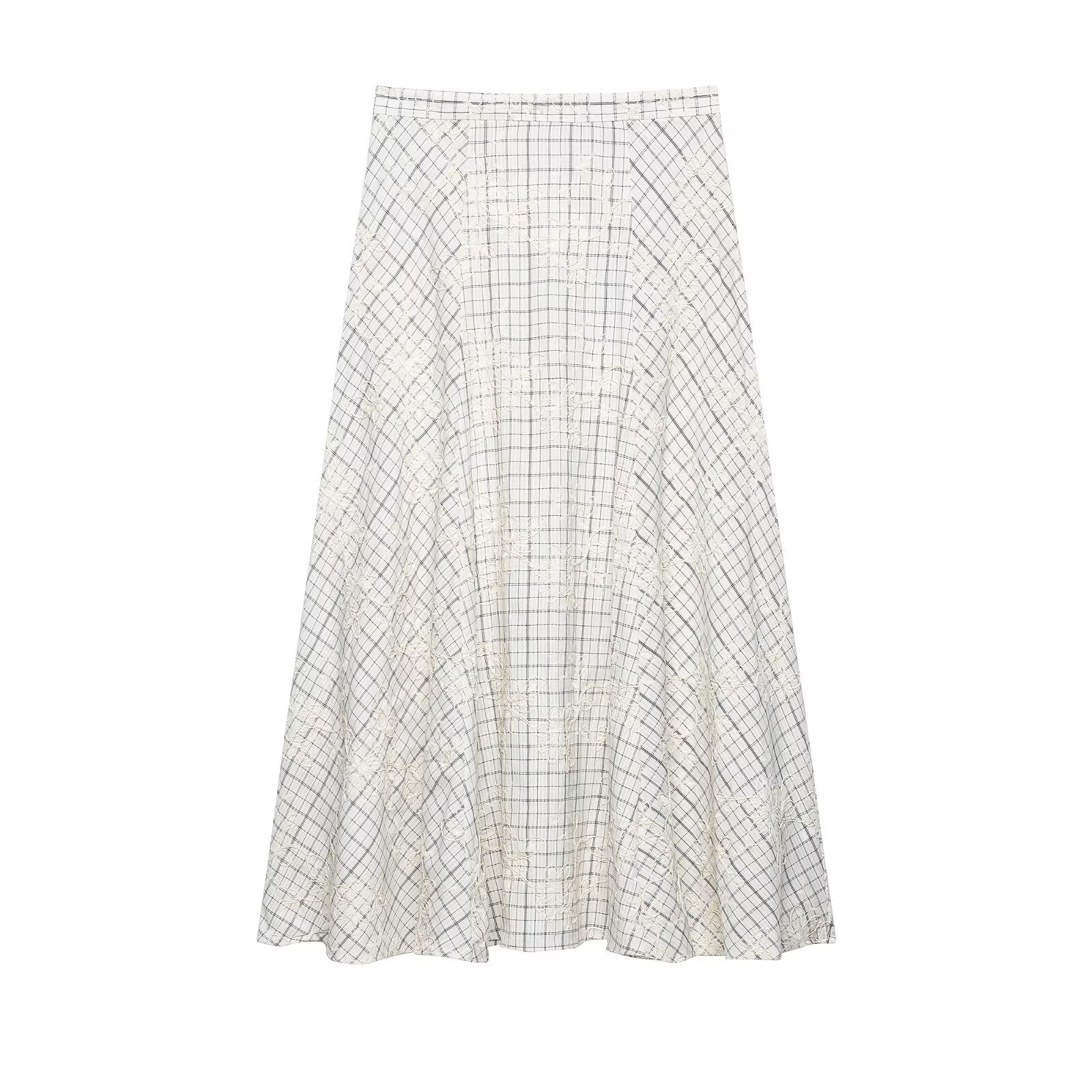 Women Clothing Short Sleeve Plaid Embroidered Trim Bow Top High Waist A line Skirt Set