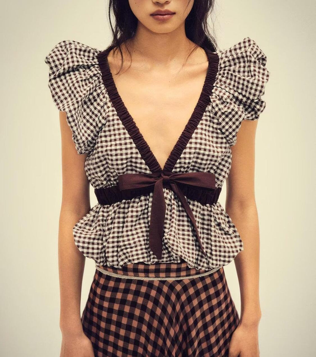 Women's Balloon Small Plaid Bow Top Shirt