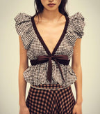 Women's Balloon Small Plaid Bow Top Shirt