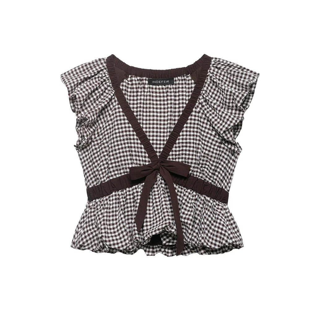 Women's Balloon Small Plaid Bow Top Shirt