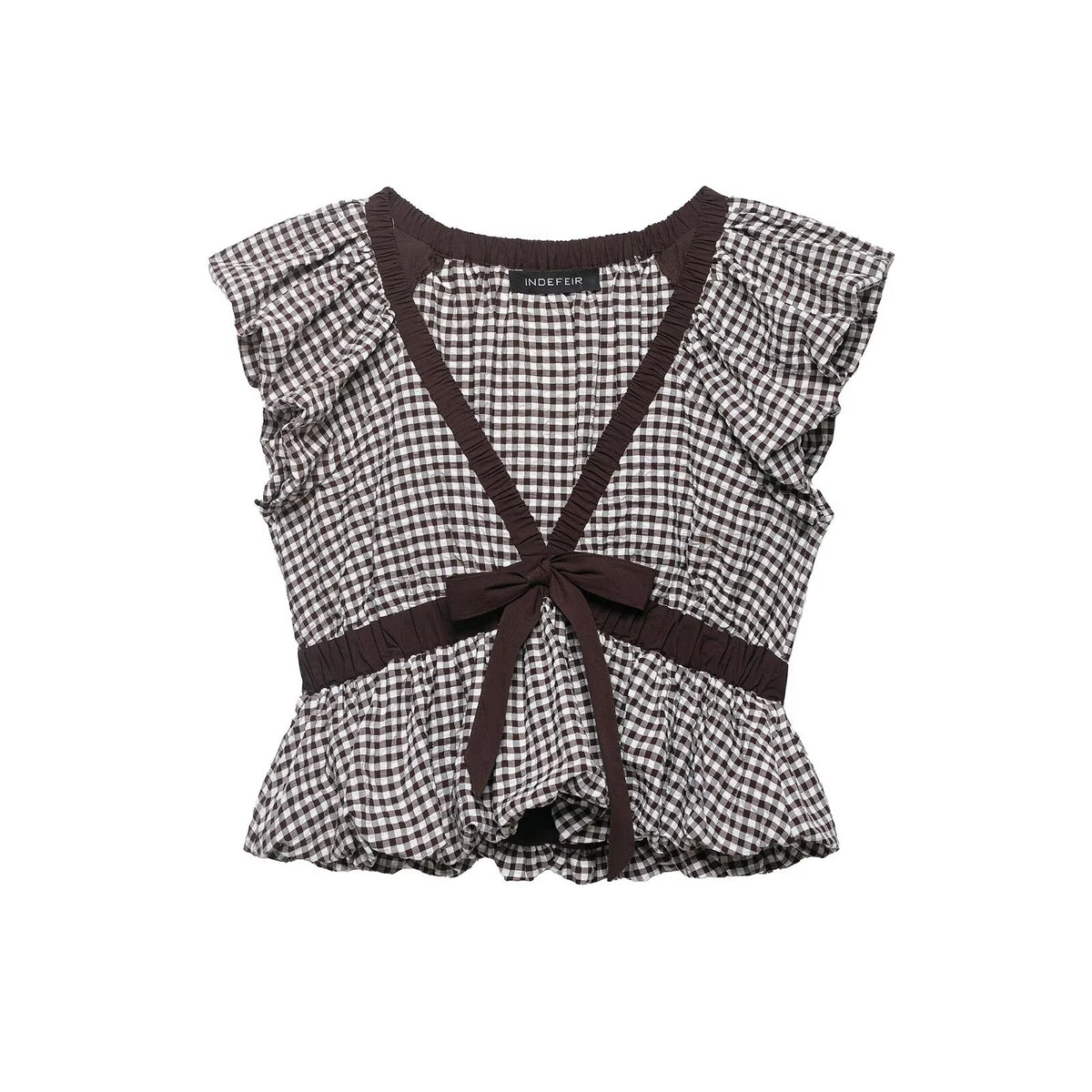 Women's Balloon Small Plaid Bow Top Shirt