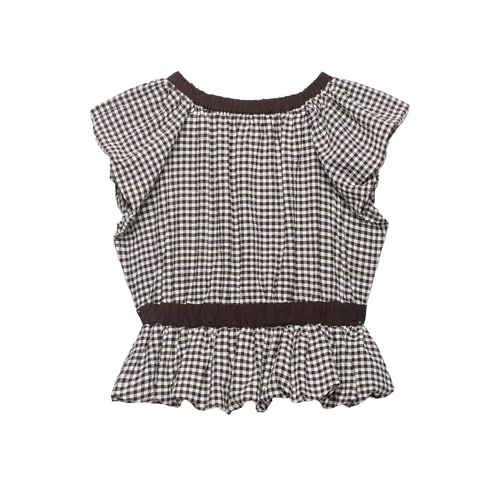Women's Balloon Small Plaid Bow Top Shirt