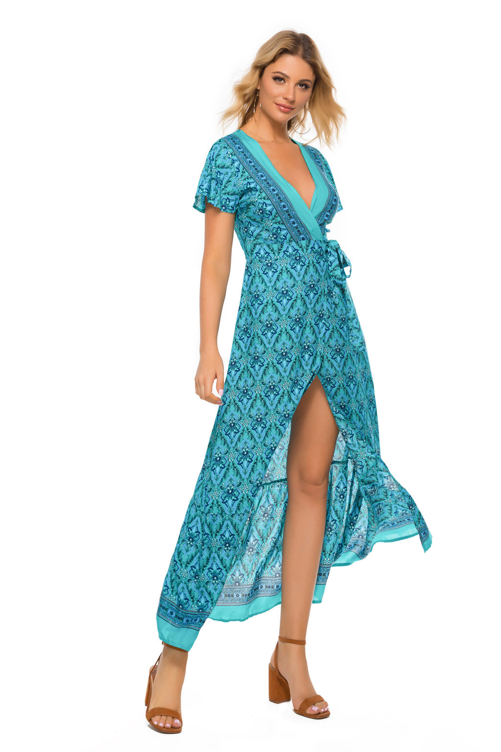 Women's Summer Holiday V-Neck Cardigan Strap Printing Beach Maxi Dress For Women