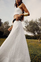 Sexy Embroidered Hollow Out Cutout out Halter Vest Short Top High Waist Skirt Set
